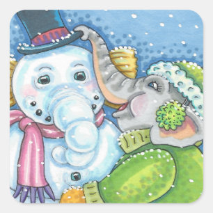CHRISTMAS ELEPHANT GEBÄUDE NIEDLICH PACHYDERM SNOW QUADRATISCHER AUFKLEBER