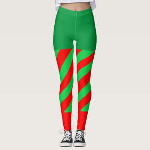 Christmas Elf Green Red Diagonal Stripe Leggings