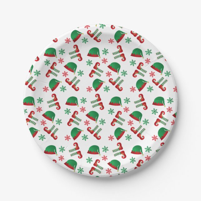 Christmas Elf Hat Snowflakes Pattern Green Red Pappteller (Vorderseite)