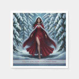 Christmas Elf in Red in Snowy Winter Forest Serviette