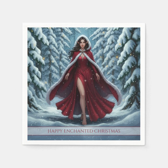 Christmas Elf in Red in Snowy Winter Forest Serviette (Vorderseite)