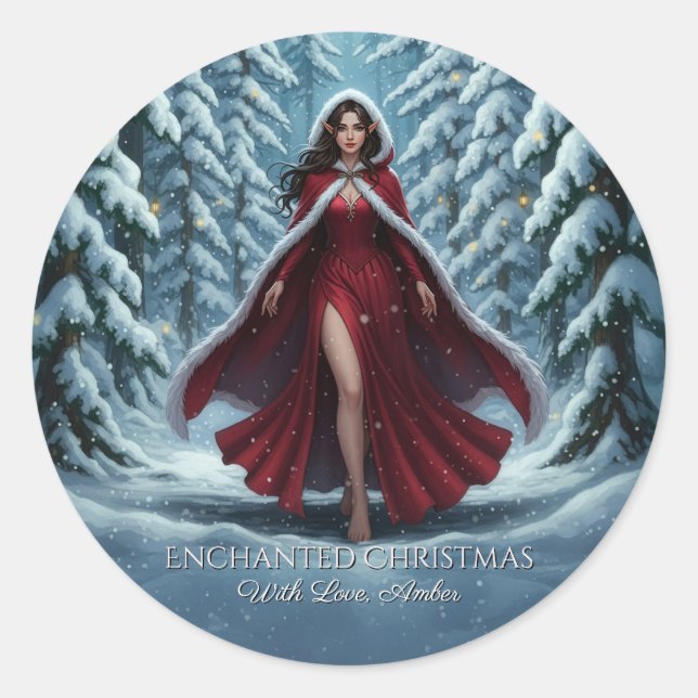 Christmas Elf in Red in Winter Forest Magnet Card Runder Aufkleber (Vorderseite)