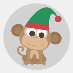 Christmas Elf Monkey Runder Aufkleber