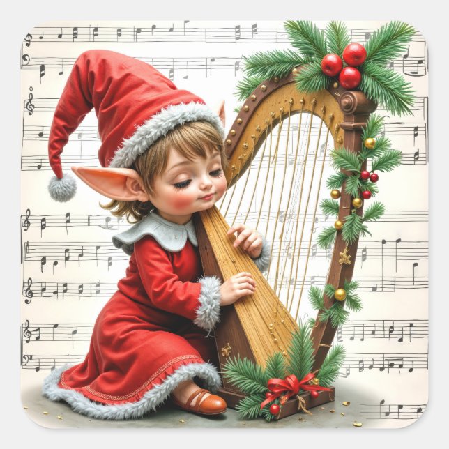 Christmas Elf Playing a Harp Quadratischer Aufkleber (Vorderseite)