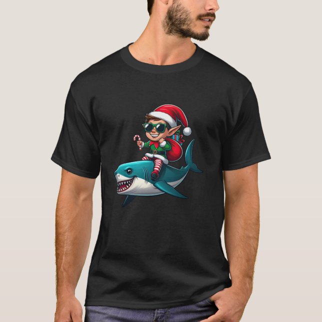 Christmas Elf Riding Shark Sunglasses Santa Hat Ca T-Shirt (Vorderseite)