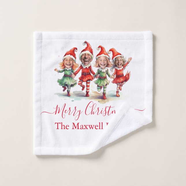 Christmas Elves 4 Photos Nom de famille serviette (Gant de toilette)