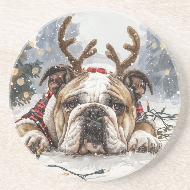 Christmas English Bulldog Reindeer Getränkeuntersetzer (Vorne)