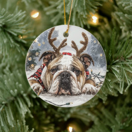 Christmas English Bulldog Reindeer Keramik Ornament