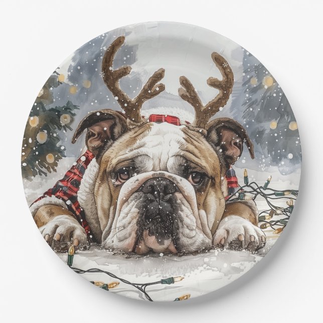 Christmas English Bulldog Reindeer Pappteller (Vorderseite)