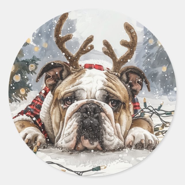 Christmas English Bulldog Reindeer Runder Aufkleber (Vorderseite)