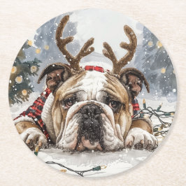 Christmas English Bulldog Reindeer Runder Pappuntersetzer