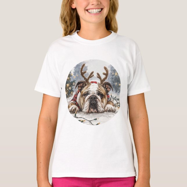 Christmas English Bulldog Reindeer T-Shirt (Vorderseite)