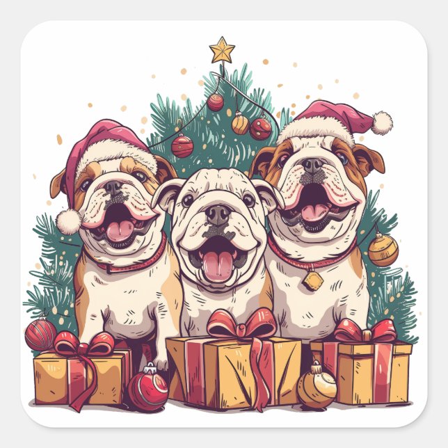 Christmas English Bulldog Weihnachtsmannmützen Quadratischer Aufkleber (Vorderseite)