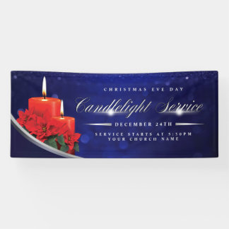 Christmas Eve Candlelight Poinsettia Blue Church Banner