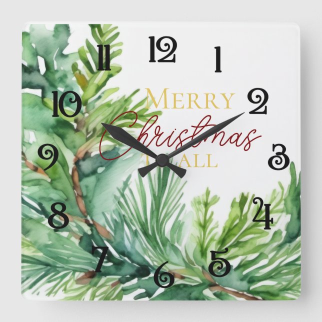 Christmas Evergreen Branch Quadratische Wanduhr (Vorderseite)