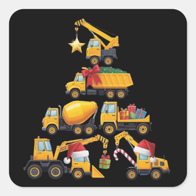 Christmas Excavator Construction Truck Tree Quadratischer Aufkleber (Vorderseite)