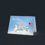 CHRISTMAS - Familie Snowman - SOLDIER - PATRIOTIK Feiertagskarte<br><div class="desc">Gleiches Bild für andere Zweige des Dienstes,  Segler,  Marine etc. Das gleiche Bild ist auch für nichtmilitärische,  d.h. von unserer Familie zu Ihrer mit Ausnahme von Flaggen.</div>