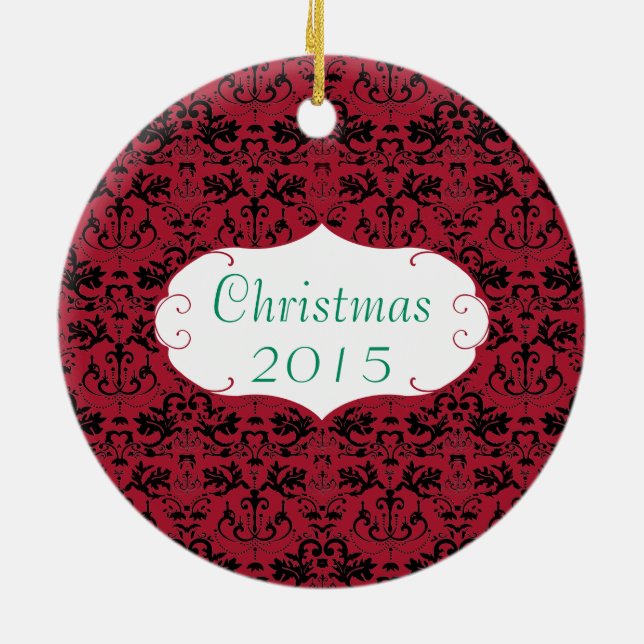 Christmas Family Foto Red Chandelier #2 Damask Keramik Ornament (Hinten)