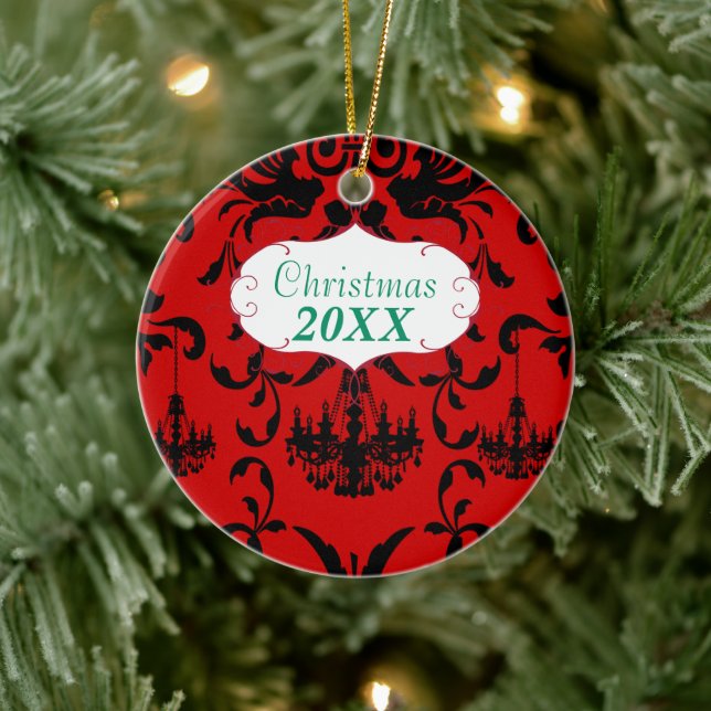 Christmas Family Foto Red Chandelier #3 Damask Keramikornament (Baum)
