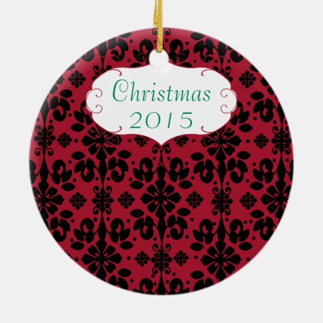 Christmas Family Foto Red Chandelier #4 Damask Keramikornament (Hinten)