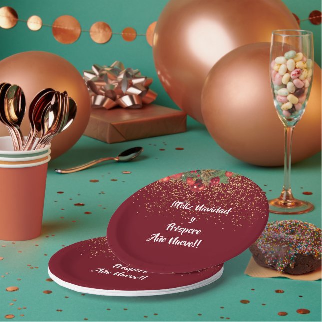 Christmas Feliz Navidad Burgandy Glitzer Pappteller (Multi)