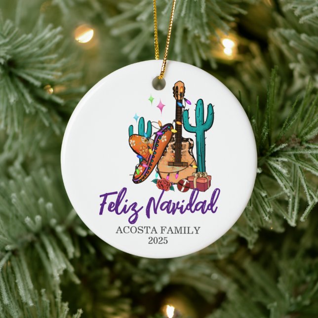 Christmas Feliz Navidad Cactus Sombrero Keramik Ornament (Baum)