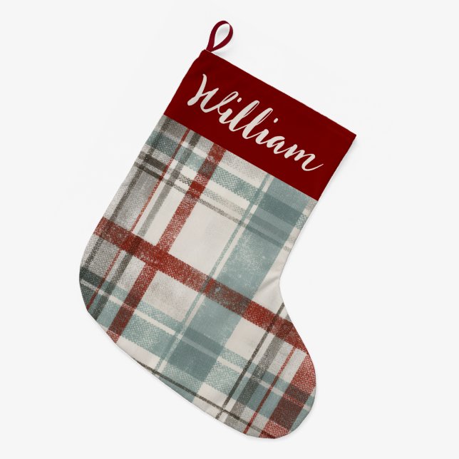 Christmas Festive Plaid Holiday Stocking Großer Weihnachtsstrumpf (Vorderansicht (hängend))