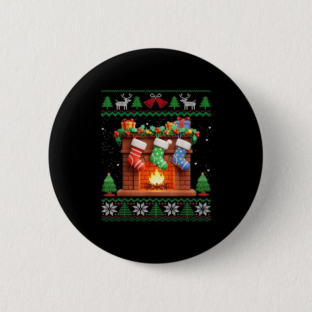 Christmas Fireplace Stockings Funny Ugly Christmas Button (Vorderseite)
