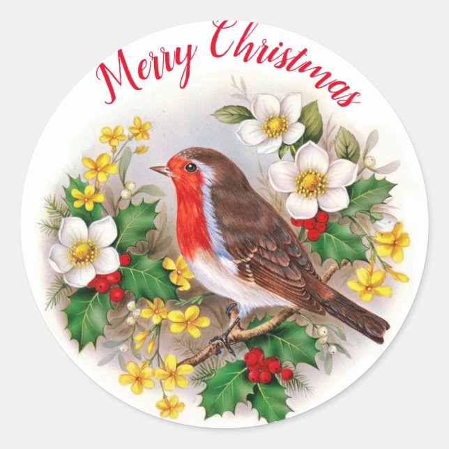 Christmas Flaming Robin Holly Bird Umschlag Aufkle Runder Aufkleber (Vorderseite)