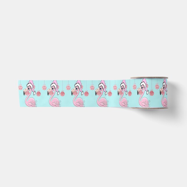 Christmas Flamingo Blue Pink Girly Niedlich Satinband (Vorderseite)