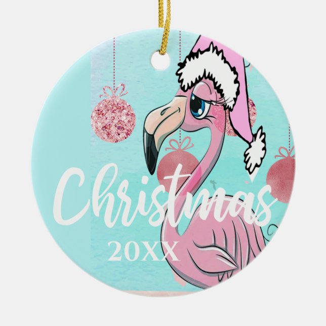 Christmas Flamingo Foto Blue Pink Girly Niedlich Keramik Ornament (Vorne)
