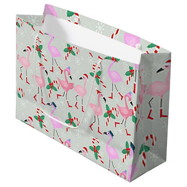 "Christmas Flamingo" Große Weihnachtsgeschenktasch Geschenktüte (Vorderseite Schrägansicht)
