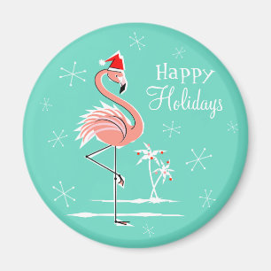 Christmas Flamingo Happy Holidays Magnet rund
