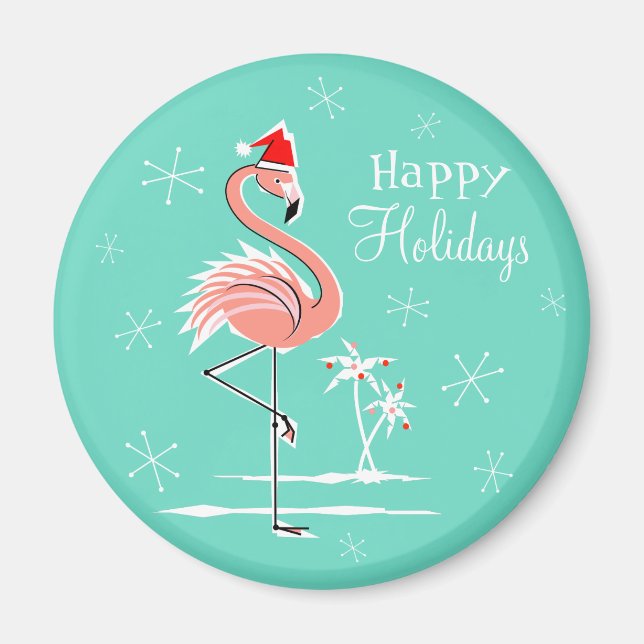 Christmas Flamingo Happy Holidays Magnet rund (Vorne)