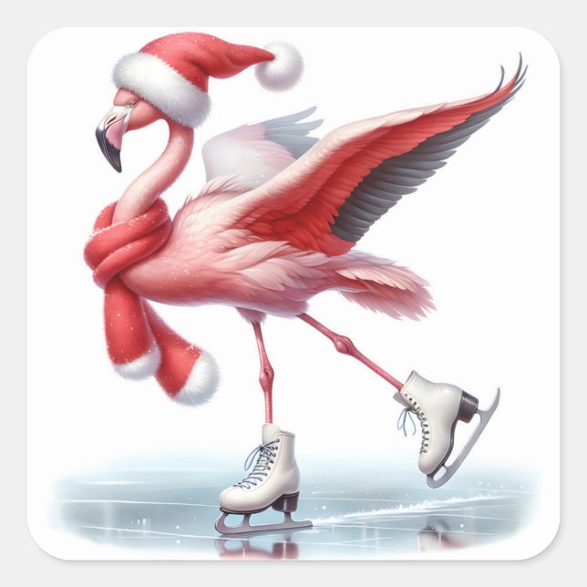 Christmas Flamingo Ice Skaten Quadratischer Aufkleber (Vorderseite)