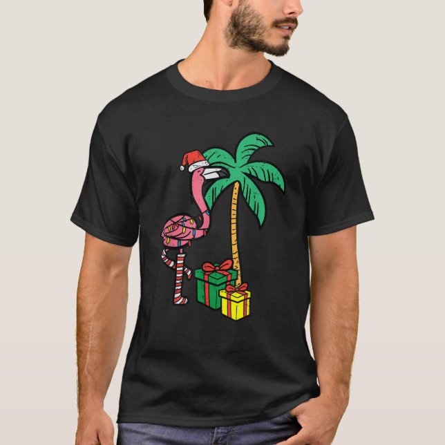 Christmas Flamingo Palm Tree Funny Xmas Beach Männ T-Shirt (Vorderseite)