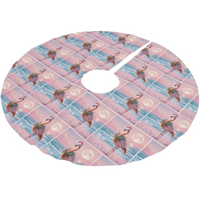Christmas Flamingo Wearing Holiday Wreath Polyester Weihnachtsbaumdecke (Schrägansicht)