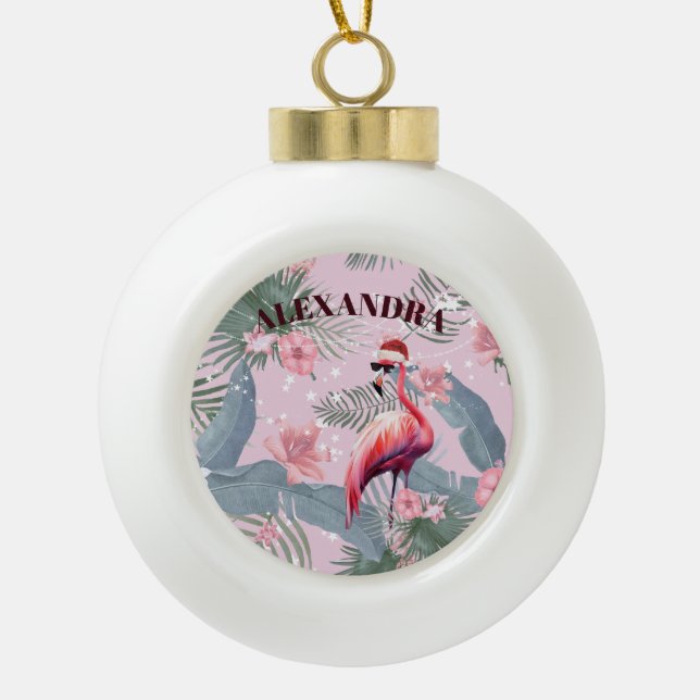 Christmas Flamingo Weihnachtsmannmütze Tropical Keramik Kugel-Ornament (Vorderseite)