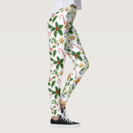 Christmas Floral Holly Candy Canes Gingerbret Leggings