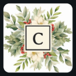 Christmas Floral Monogram Letter Quadratischer Aufkleber<br><div class="desc">Hübscher botanischer Weihnachtsbouquet mit traditionellem Monogramm-Brief. Ideal für Weihnachtsfeiertage und Weihnachtskarten. Klassische Salbei-Grün-,  Creme- und Rottönen.</div>