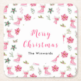 Christmas Floral Pink Ice Skates Merry Christmas Rechteckiger Pappuntersetzer