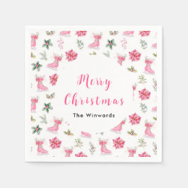 Christmas Floral Pink Ice Skates Merry Christmas Serviette