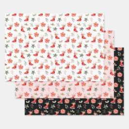 Christmas Floral Red Ice Skates Geschenkpapier Set