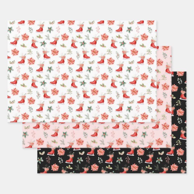 Christmas Floral Red Ice Skates Geschenkpapier Set (Set)