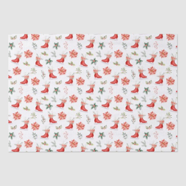 Christmas Floral Red Ice Skates Seidenpapier (Vorderseite)
