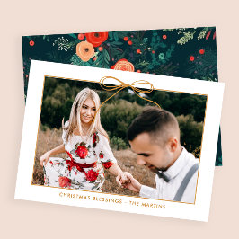 Christmas Floral White Gold Holiday Bow Photo Feiertagskarte