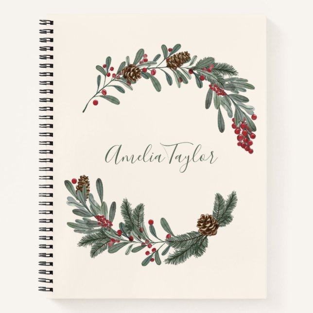 Christmas Floral Wreath Personalized Script Name Notizbuch (Vorderseite)