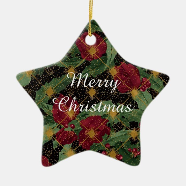 Christmas Flowers Pattern,Gold Red Green Black  Keramik Ornament (Vorne)