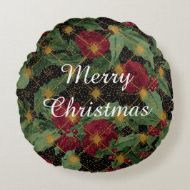 Christmas Flowers Pattern,Gold Red Green Black Rundes Kissen
