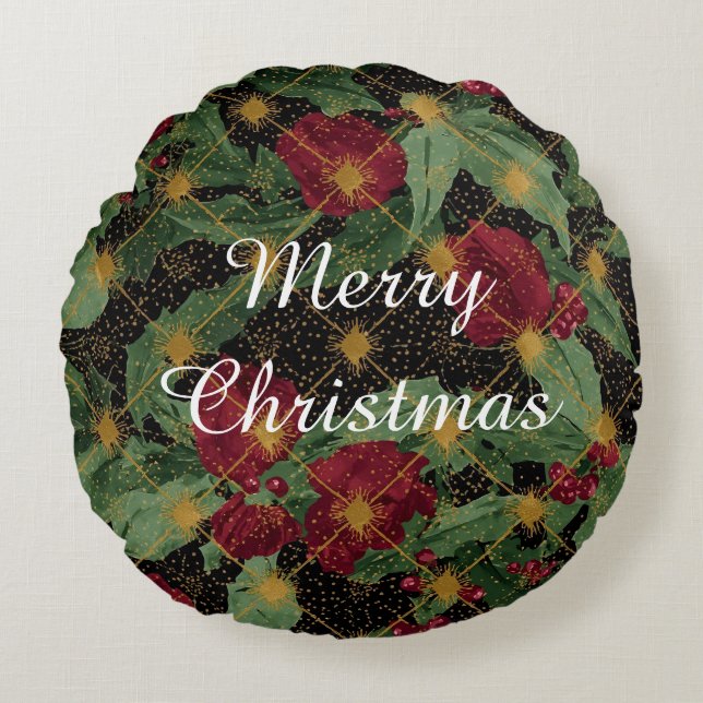 Christmas Flowers Pattern,Gold Red Green Black Rundes Kissen (Vorderseite)